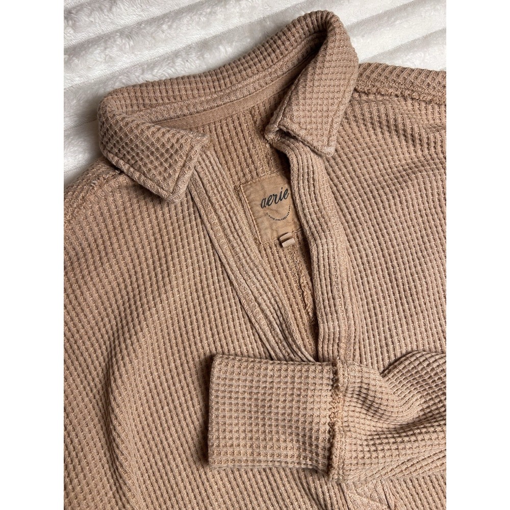 Aerie Waffle Knit Thermal Raw Seam Detail Long Sleeve Pullover Sweater Women's S